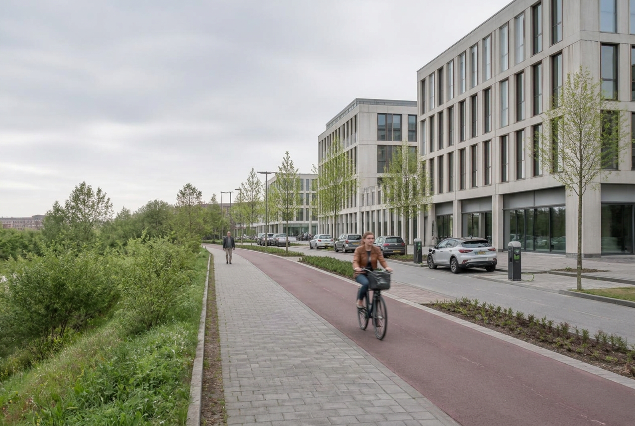 Modernes Quartier mit Radweg und energieeffizienten Gebäuden